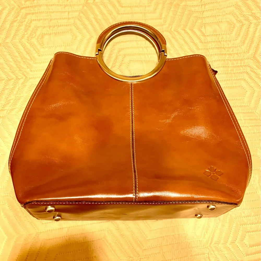 Patricia Nash Saddle Brown Leather Satchel with Gold Ring Handles